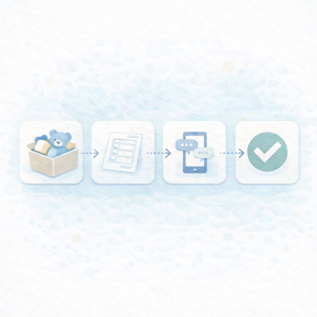 返却手順：梱包→伝票→集荷→マイページ申請の流れ